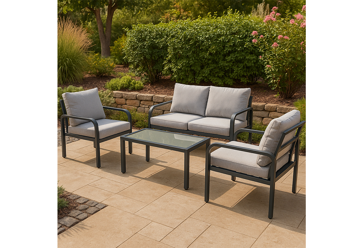 Απεικονίζεται το σετ τοποθετημένο σε μια βεράντα.